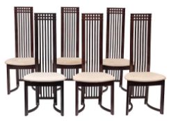 A set of eight contemporary stained oak and upholstered dining chairs,