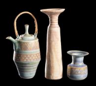 *Mary Rich [1940-2022] a porcelain teapot and two vases: the former of slender barrel shaped form