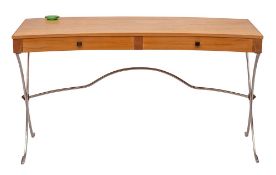 A blonde oak veneered and chromium plated metal desk, modern,: rectangular,