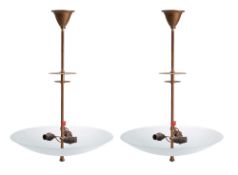 A pair of circular glass dish ceiling lights: on slender and flat knopped stems, 48cm diameter.