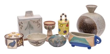 A mixed group of studio pottery: comprising a Christine Hester Smith earthenware jar and cover,