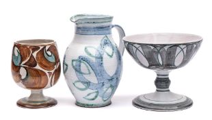Aldermaston Pottery a pottery comport, jug and goblet: each with brushwork decoration,