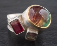 Chris Boland Designs, a silver, watermelon tourmaline ring,: stamped with maker's mark 'CBD',