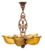 An Art Deco period painted metal five division plafonnier: with moulded amber glass shades issuing