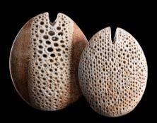 *Alan Wallwork [1931-2019] two stoneware 'split seed pods': of flattened oviform with notched