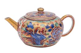 A small Chinese clobbered teapot and cover: of compressed globular form,