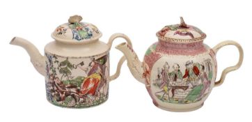 Two William Greatbatch creamware teapots and covers: with ear-shaped handles and flower finials,