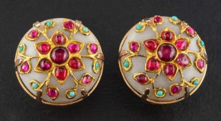 A pair of nephrite and vari-coloured cabochon-cut gemstone ear studs,