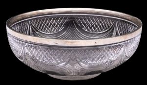 An Edward VII silver mounted cut class fruit bowl: with hobnail and garland decoration,