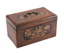 An 18th century Dutch walnut and marquetry tea caddy: of rectangular outline,