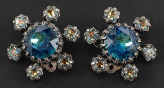 A pair of dark and light blue paste Christian Dior earrrings by Mitchel Maer,: with clip fittings,