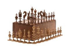 A 19th century German turned linden wood 'Toy' type chess set: with knopped and ring turned