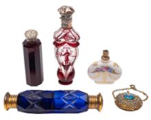 A late 19th century blue glass and gilt metal mounted double ended scent bottle: 12.