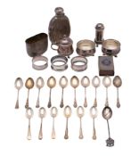 A mixed collection of silverwares, various makers and dates: includes condiments, hip flask,