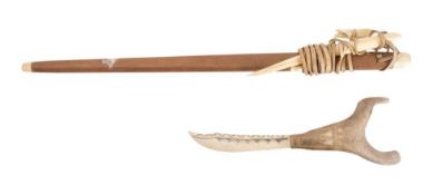 A bone knife: with 12cm stained single edged blade, mounted in an antler handle,