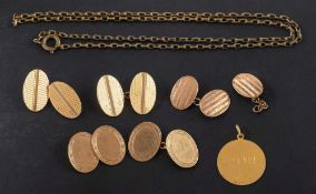 Two pairs of cufflinks and a medallion,: including a pair of 9ct gold,