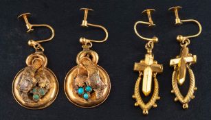 Two pairs of drop earrings,: one set with turquoises, the other of cruciform design,
