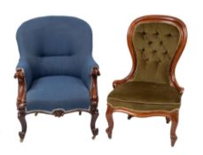 A Victorian carved rosewood and upholstered chair armchair, circa 1870,: with arched backrest,