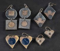 Four pairs of ceramic drop earrings with geometric patterns,: hook fittings, lengths ca. 2.8-6.8cm.