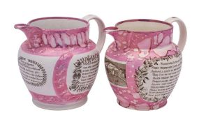 Two Sunderland black transfer-printed pink lustre pottery jugs: the first with two views of the