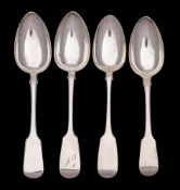 Four provincial silver Fiddle pattern tablespoons, various Exeter makers and dates initialled,