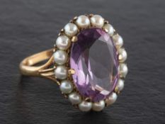 A 9ct gold, amethyst and cultured pearl cluster ring,: estimated amethyst weight ca. 6.