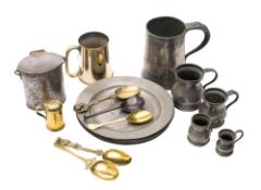 A small quantity of 18th and 19th century metalwares: including five pewter plates by Ralph Wharram,