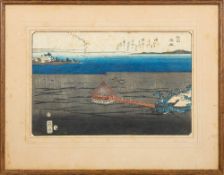 After Hiroshige, three wood block prints: 'Ferry at Kawaguchi',