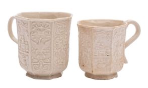 A rare Staffordshire white saltglaze coffee cup or capuchine and a similar smaller cup: both of