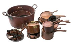 A group of 19th century copper wares: to include a set of four graduated saucepans and covers,