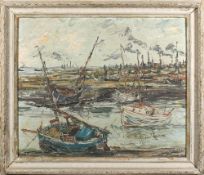 * George Hann [1900-1979]- Harbour scene, low tide, view to the coast and chimneys beyond,