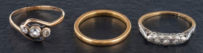 Three rings,: including a single-cut diamond, six stone ring, total estimated diamond weight ca. 0.