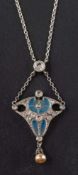 An Art Nouveau style, plique-a-jour, white paste and imitation pearl lavalier,: stamped '935',