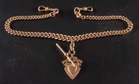 A curb-link Albert watch chain, T-bar and cartouche-shaped medallion,