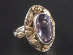 An Arts and Crafts style, amethyst single-stone ring,: estimated amethyst weight ca. 4.