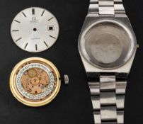 A gentleman's stainless steel Omega wristwatch: the brushed chrome dial with baton numerals and