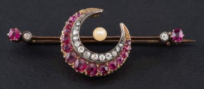 A diamond, ruby and pearl, crescent moon, bar brooch,: total estimated diamond weight ca. 0.