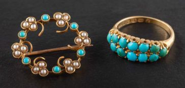 A turquoise ring and turquoise and seed pearl wreath brooch/ pendant,
