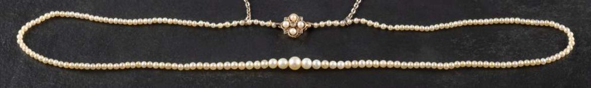 A graduated pearl necklace,: with rose-cut diamond and seed pearl clasp, stamped '585',