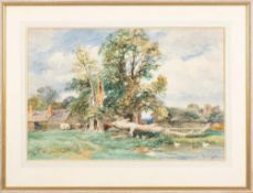 David Bates [1840-1921]- Village farmstead scene, ducks on a pond in the foreground,
