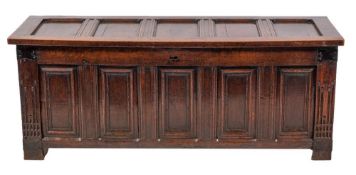 A substantial oak coffer, basically 17th century with later elements,