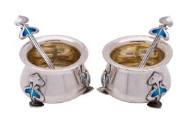 A pair of Edward VII Art Nouveau silver and enamel table salts, maker James Fenton & Co,