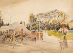 Clarke C Irons [late 19th Century]- Funeral procession passing Lancaster Park Stores, Christchurch,