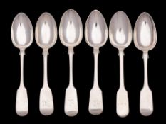 A collection of six Victorian provincial silver Fiddle pattern dessert spoons,