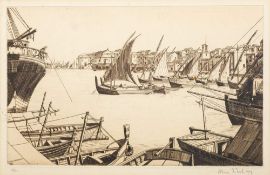 * Alan McNab [1901-1982]- Dhow in a Mediterranean harbour,:- etching,
