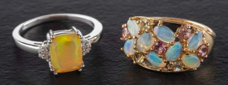 Two opal rings,: including a 9ct gold mixed-cut fire opal and single-cut diamond ring,