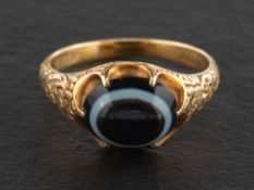 A Victorian, cabocon-cut sardonyx mourning ring,: dated 1849 with inscription to inside of band,