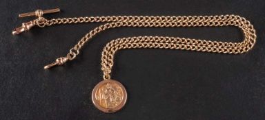 A 9ct gold St Christopher medallion, Albert watch chain, T-bar and two dog clips,