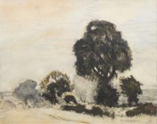 Sir George Clausen [1852-1944]- Landscape sketch,:- signed bottom right chalk drawing,