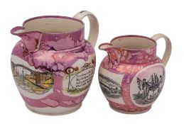 Two Sunderland pink lustre pottery jugs: the larger with enamelled black transfer prints of the